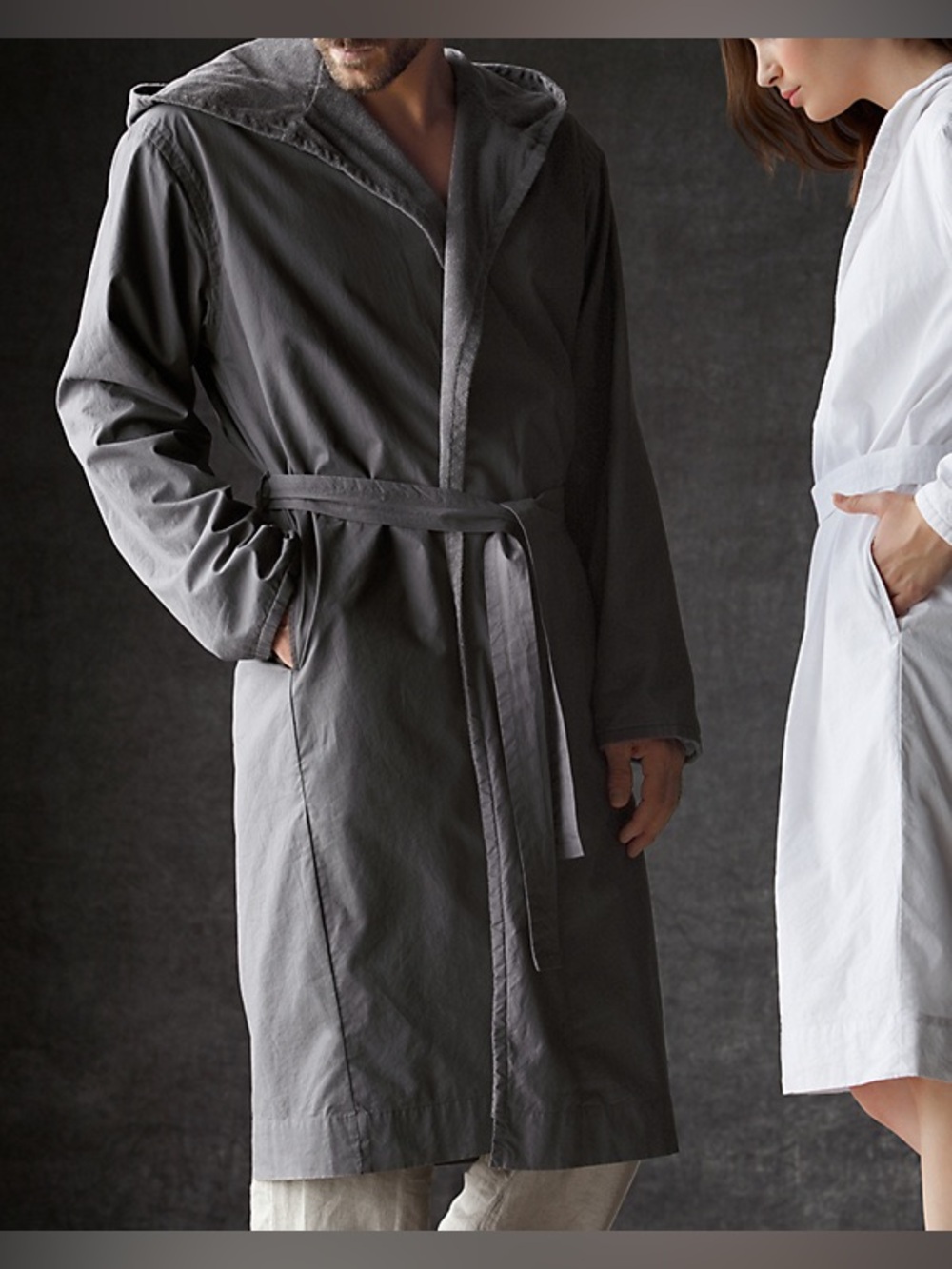 Restoration Hardware grey garment-washed percale Terry spa robe Unisex sz XL